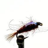 Brown fly nymph lure with blue head and barbed hook, close-up
