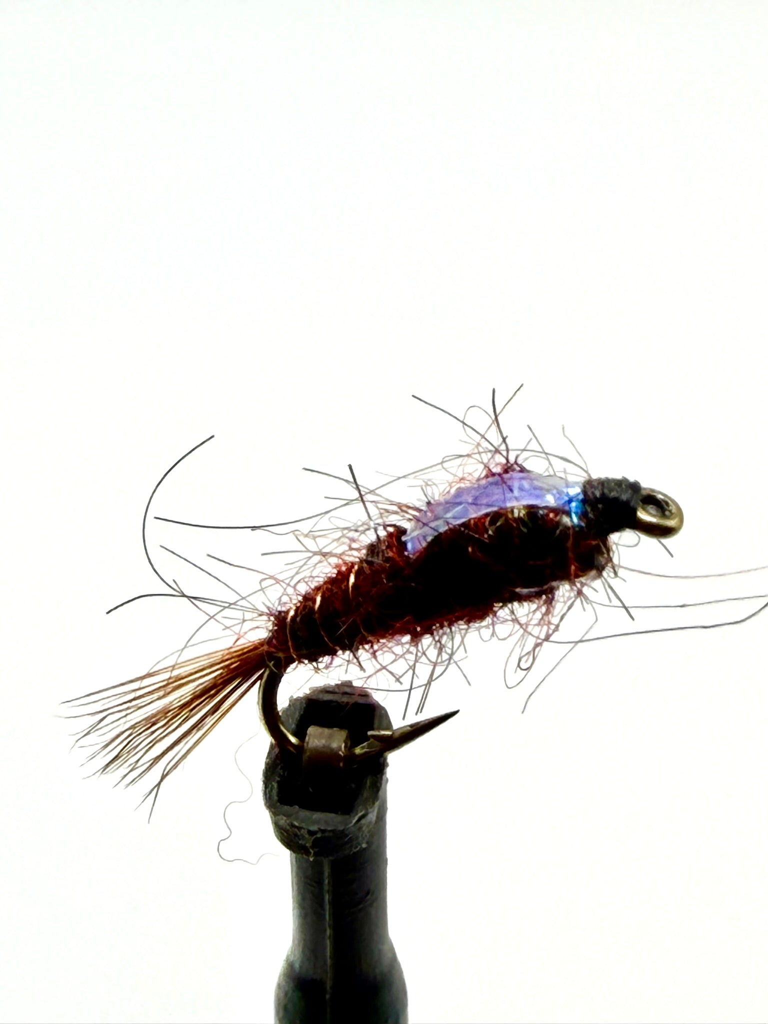 Brown fly nymph lure with blue head and barbed hook, close-up