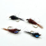 Assorted fly nymph lures with brown bodies and blue accents, barbed hooks