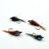 Assorted fly nymph lures with brown bodies and blue accents, barbed hooks