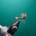 Wulff fly fishing lure with tan-and-black fibers and black hook, close-up