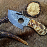 Premium Damascus Steel Gut Hook Skinning Knife – 7.5 Inch Overall Length with Sheep Horn Handle
