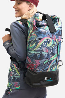 Backpack dry bag with colorful ocean and whale print, black roll-top closure