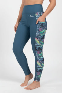 Pocket leggings with dark teal legs and colorful side pocket panel, full length
