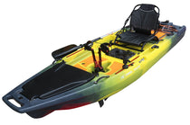 Fishing kayak with pedal drive, black seat and storage hatches, lime green body