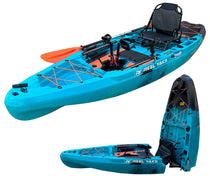 Fishing kayak in teal blue with mounted seat, orange bow propeller housing, and handle