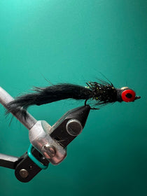 Black Hot Shot leech fishing lure with red eye, feather tail, and metal hook