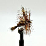 Dry fly fishing lure with brown feather hackle, tied on an eye hook