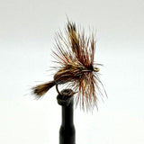 Dry fly fishing lure with brown feather hackle, tied on an eye hook