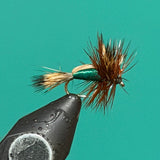 Dry fly fishing lure with green foam body and brown feather hackle on an eye hook