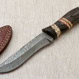 Custom Handmade Damascus Hunting Knife with Leather Sheath