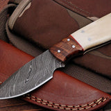 Custom Handmade Damascus Steel Deer Skinning Knife with Rosewood & Bone Handle, 8-inch