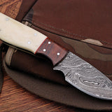 Custom Handmade Damascus Steel Deer Skinning Knife with Rosewood & Bone Handle, 8-inch