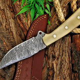 Custom Handmade Damascus Great Skinning Knife with Bone Handle, 8.25-inch