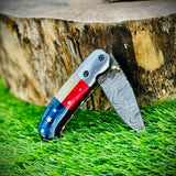 "Custom Handmade Texas Flag Damascus Steel Folding Pocket Knife | Exotic Wood-Bone Texas Flag Handle | 3.1 Inch Blade | Leather Sheath | KBS Knives Store"