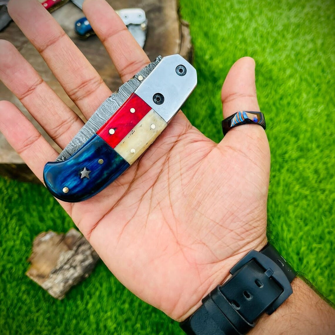 "Custom Handmade Texas Flag Damascus Steel Folding Pocket Knife | Exotic Wood-Bone Texas Flag Handle | 3.1 Inch Blade | Leather Sheath | KBS Knives Store"