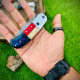 "Custom Handmade Texas Flag Damascus Steel Folding Pocket Knife | Exotic Wood-Bone Texas Flag Handle | 3.1 Inch Blade | Leather Sheath | KBS Knives Store"