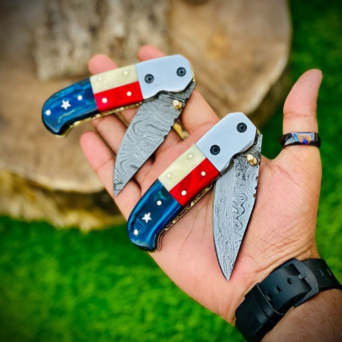 "Custom Handmade Texas Flag Damascus Steel Folding Pocket Knife | Exotic Wood-Bone Texas Flag Handle | 3.1 Inch Blade | Leather Sheath | KBS Knives Store"