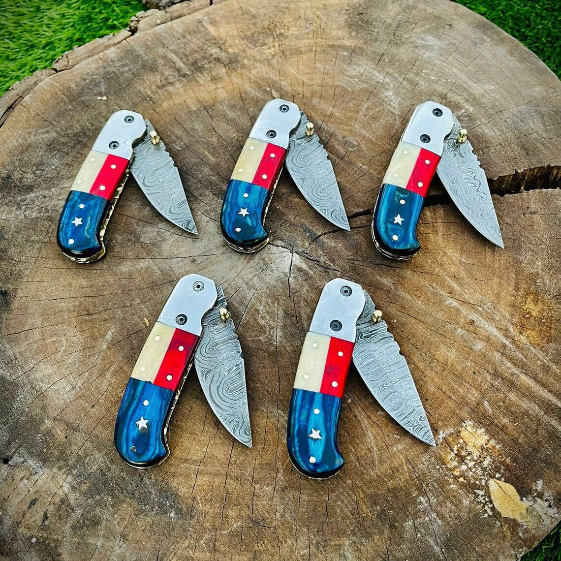"Custom Handmade Texas Flag Damascus Steel Folding Pocket Knife | Exotic Wood-Bone Texas Flag Handle | 3.1 Inch Blade | Leather Sheath | KBS Knives Store"