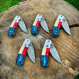 "Custom Handmade Texas Flag Damascus Steel Folding Pocket Knife | Exotic Wood-Bone Texas Flag Handle | 3.1 Inch Blade | Leather Sheath | KBS Knives Store"