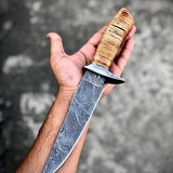 "Custom Handmade Damascus Steel Hunting Bowie Knife | Stacked Leather-Damascus Guard Handle | 12 Inches | Leather Sheath | KBS Knives Store"