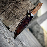 "Custom Handmade Damascus Steel Hunting Bowie Knife | Stacked Leather-Damascus Guard Handle | 12 Inches | Leather Sheath | KBS Knives Store"