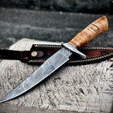 "Custom Handmade Damascus Steel Hunting Bowie Knife | Stacked Leather-Damascus Guard Handle | 12 Inches | Leather Sheath | KBS Knives Store"