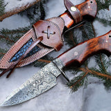 "Custom Handmade Damascus Steel Hunting Camping Knife | Rosewood-Damascus Guard Handle | 9.5 Inches | Leather Sheath | KBS Knives Store"