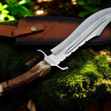 Bowie Knife With Antler Handles – 14" D2 Steel Blade With Blood Groove & Antler Handle