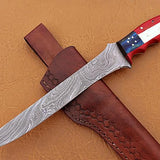 Handmade Damascus Steel Fillet-Boning Knife with Texas Flag Red-Blue Exotic Wood and Bone Handle - 13 Inch Overall Length