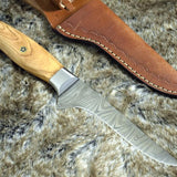Handmade Damascus Steel Fillet-Boning Knife with Olive Wood and Steel Bolster Handle - 11 Inch Overall Length