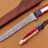 Handmade Damascus Steel Fillet-Boning Knife with Texas Flag Red-Blue Exotic Wood and Bone Handle - 13 Inch Overall Length