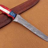 Handmade Damascus Steel Fillet-Boning Knife with Texas Flag Red-Blue Exotic Wood and Bone Handle - 13 Inch Overall Length