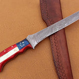 Handmade Damascus Steel Fillet-Boning Knife with Texas Flag Red-Blue Exotic Wood and Bone Handle - 13 Inch Overall Length