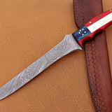 Handmade Damascus Steel Fillet-Boning Knife with Texas Flag Red-Blue Exotic Wood and Bone Handle - 13 Inch Overall Length