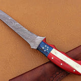 Handmade Damascus Steel Fillet-Boning Knife with Texas Flag Red-Blue Exotic Wood and Bone Handle - 13 Inch Overall Length