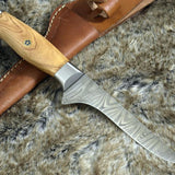 Handmade Damascus Steel Fillet-Boning Knife with Olive Wood and Steel Bolster Handle - 11 Inch Overall Length