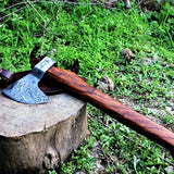 Damascus Steel Custom Viking Beard Axe with Rosewood Handle and Leather Sheath by KBS Knives Store.