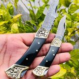 Pair of Custom Handmade Damascus Steel Folding Pocket Knives with Buffalo Horn and Engraved Brass Bolsters Handle