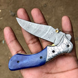 Custom Handmade Damascus Steel Unique Folding Pocket Knife with Colored Bone Handle and Leather Case by KBS Knives Store