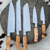 5 Pcs Custom Handmade Stainless Steel Kitchen Knives Set With Olive Wood Handles and Leather Roll - KBS Knives Store