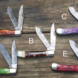 Custom Handmade Damascus Steel Trapper Folding Pocket Knife with Colored Bone Handle and Leather Case by KBS Knives Store
