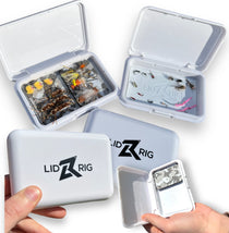 Mag box mini lure storage case, open with two compartments of fishing flies