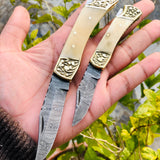 Pair of Custom Handmade Damascus Steel Folding Pocket Knives with Bone and Engraved Brass Bolsters Handle