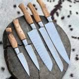5 Pcs Custom Handmade Stainless Steel Kitchen Knives Set With Olive Wood Handles and Leather Roll - KBS Knives Store