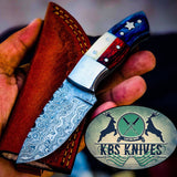 Texas Flag Handle Beautiful Custom Handmade Damascus Camp Hunting Skinning Knife , Bone and Exotic Wood Handle / With Leather Sheath
