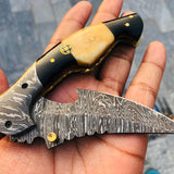 Custom Handmade Damascus Steel Tactical Folding Pocket Knife with Bone and Buffalo Horn Handle and Leather Case by KBS Knives Store