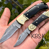 Pair of Custom Handmade Damascus Steel EDC Folding Pocket Knives with Leather Case by KBS Knives Store.