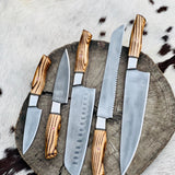 5 Piece Custom Handmade Acid Washed Stainless Steel Kitchen Knives Set with Leather Roll and Burly Wenge Wood Handles" by KBS Knives Store