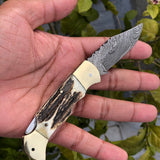 Custom Handmade Damascus Steel Folding Pocket Knife with Antler Horn and Brass Bolsters Handle and Leather Case - For Sale by KBS Knives Store